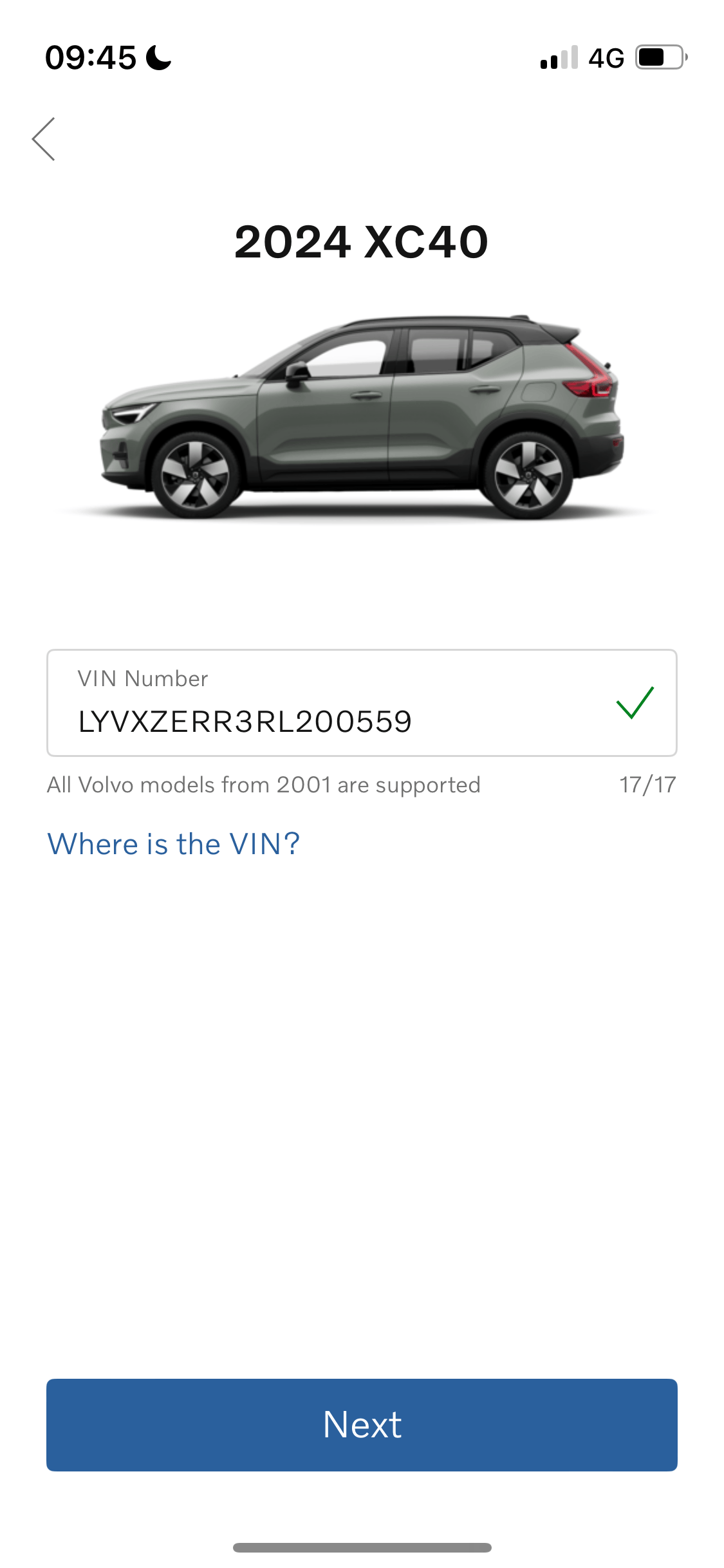 Volvo app VIN entering